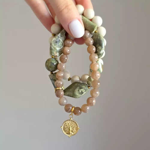 ZST467 wbep Zestaw bransoletek kamień słoneczny, jaspis riolit, kamień rzeczny, hematyt i drzewo życia Soul roots Magneska biżuteria 4.webp