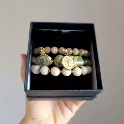 ZST467 wbep Zestaw bransoletek kamień słoneczny, jaspis riolit, kamień rzeczny, hematyt i drzewo życia Soul roots Magneska biżuteria 5.webp