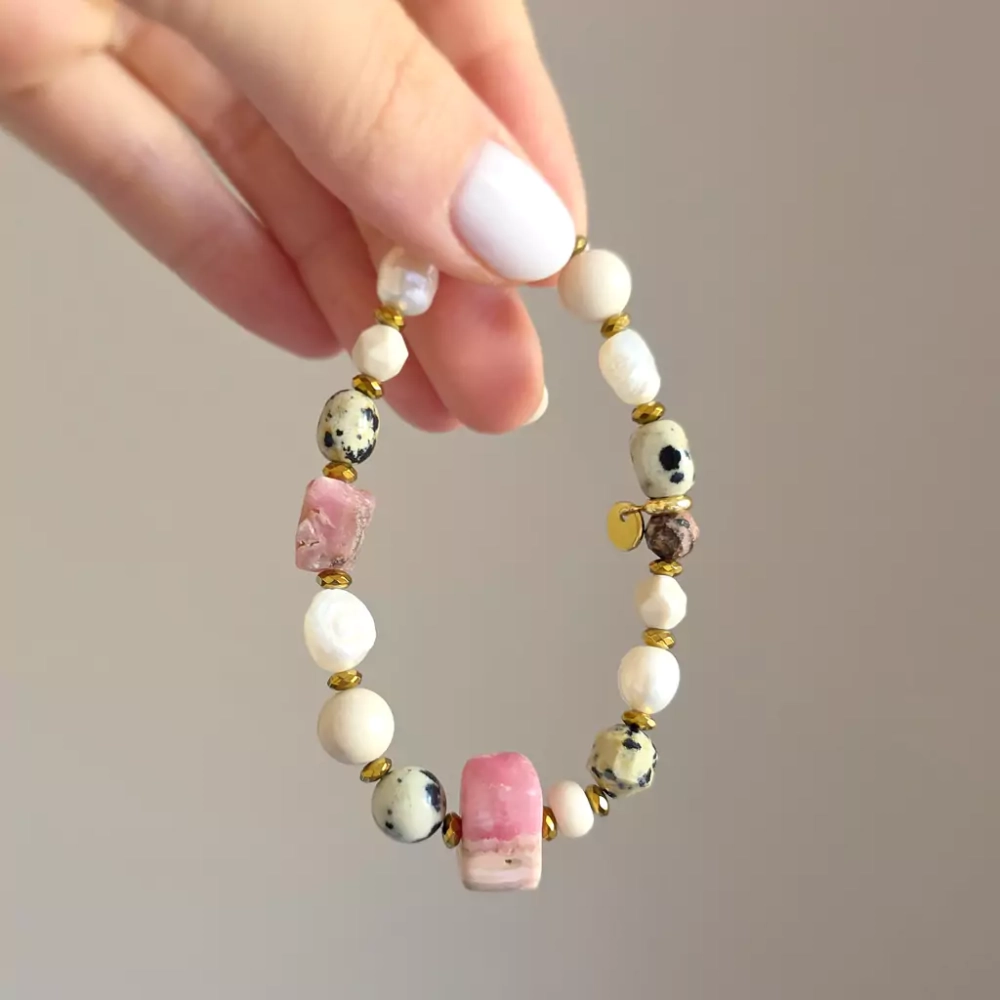 KAM860 webp Bransoletka rodochrozyt, kamień rzeczny, jaspis dalmatyńczyk, perły i hematyt Magneska biżuteria 2.webp