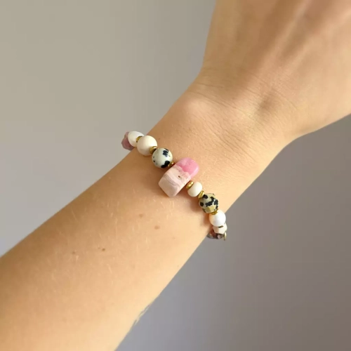 KAM860 webp Bransoletka rodochrozyt, kamień rzeczny, jaspis dalmatyńczyk, perły i hematyt Magneska biżuteria 4.webp