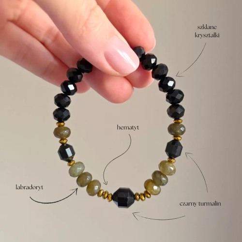 KAM865 webp Bransoletka czarny turmalin, labradoryt, hematyt i szklane kryształki Magneska biżuteria Zielona Góra.webp