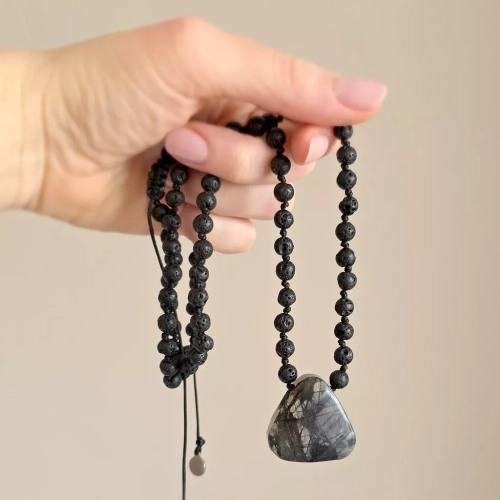 MESNAW056 webp Naszyjnik unisex czarny jaspis żyłkowy i lawa wulkaniczna na czarnym sznurku Magneska biżuteria 4.webp