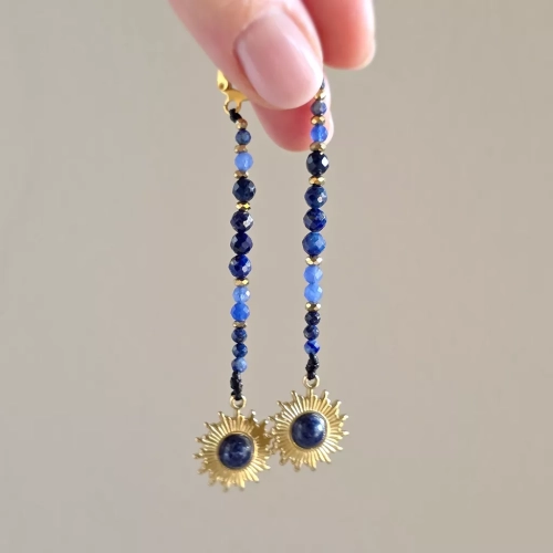 KST808 webp Kolczyki wiszące unikaty lapis lazuli, niebieski agat, hematyt i złota stal chirurgiczna Magneska 3.webp