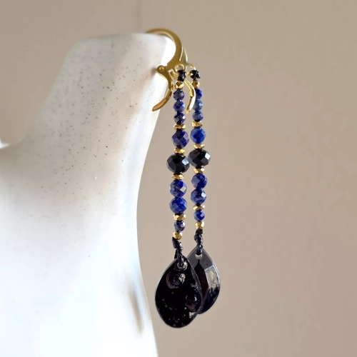 KST809 webp Kolczyki wiszące unikaty czarny turmalin, lapis lazuli, hematyt i złota stal chirurgiczna Magneska.webp