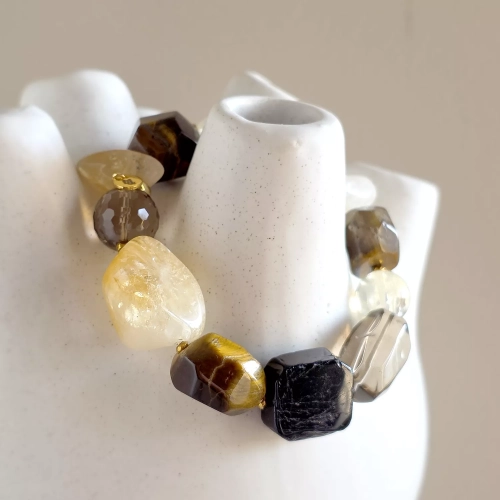 KAM873 webp Bohemian bransoletka unikat cytryn, kwarc dymny, tygrysie oko, czarny turmalin i hematyt 5.webp