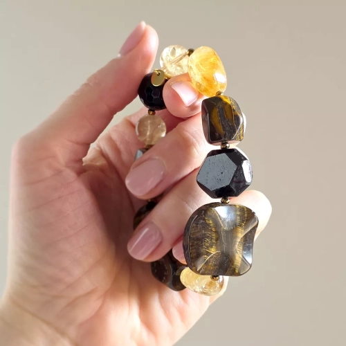 NAW874 webp Bohemian bransoletka unikat cytryn, tygrysie oko, czarny turmalin i hematyt Magneska 7.webp