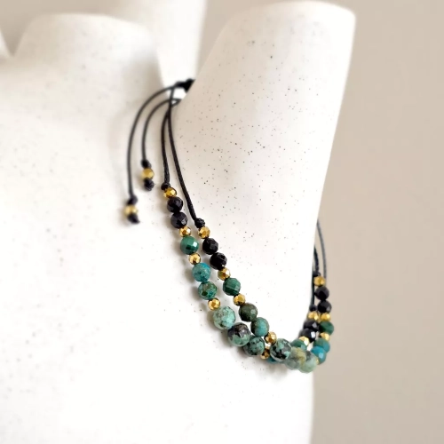 SZN1132 webp Bransoletka turkus, chryzokola, malachit, czarny turmalin i hematyt na czarnym sznurku  Magneska biżuteria.webp