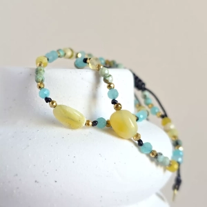 Bransoletka agat żółty, amazonit, turkus afrykański i hematyt na czarnym sznurku Fullness of bright energy