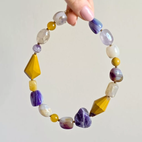 Bohemian naszyjnik kolia unikat z jaspisu mokait, agatu smoczego, ametystu, agatu żółtego i hematytu – ręcznie wykonana biżuteria z naturalnych kamieni. Magneska.pl