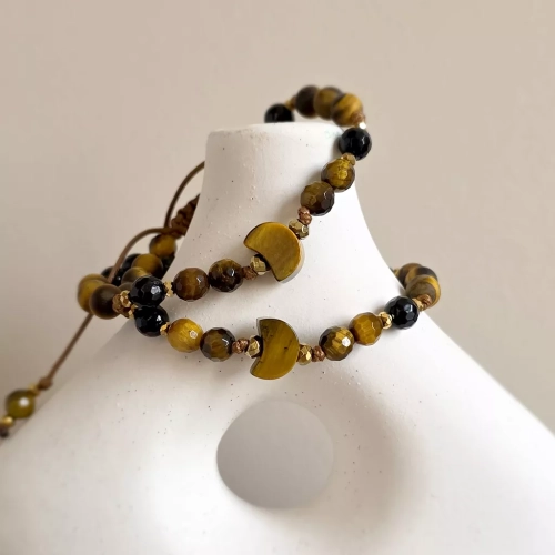 Pebbles damska bransoletka z tygrysiego oka, czarnego turmalinu i hematytu – minimalistyczna biżuteria z naturalnych kamieni.