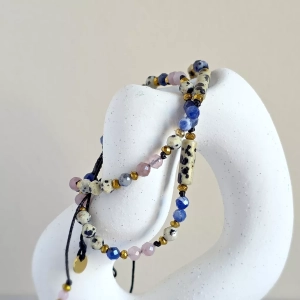 Bransoletka jaspis dalmatyński, sodalit, kwarc różowy i hematyt na czarnym sznurku Fullness of open heart