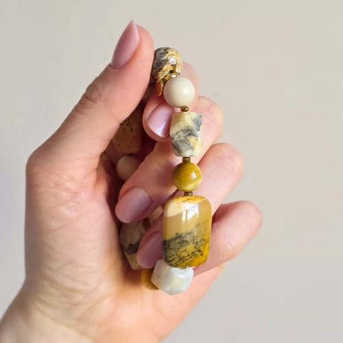 Bohemian bransoletka unikat z mokaitu, tygrysiego oka, opalu żółtego, kamienia rzecznego, jaspisu pejzażowego, agatu żółtego i hematytu – ręcznie wykonana biżuteria z naturalnych kamieni Magneska.pl.