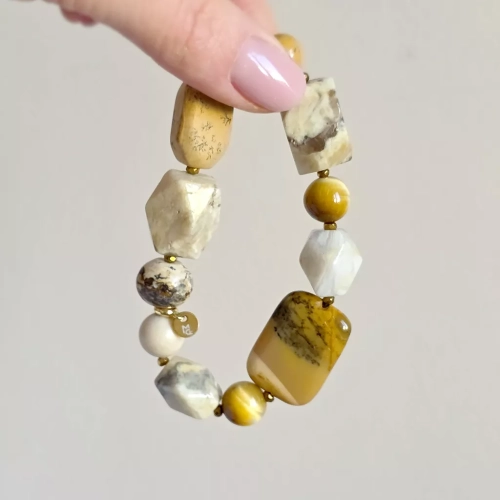 Bohemian bransoletka unikat z mokaitu, tygrysiego oka, opalu żółtego, kamienia rzecznego, jaspisu pejzażowego, agatu żółtego i hematytu – ręcznie wykonana biżuteria z naturalnych kamieni Magneska.pl.