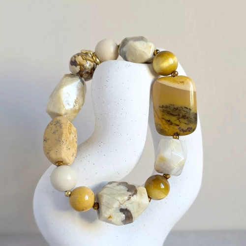Bohemian bransoletka unikat z mokaitu, tygrysiego oka, opalu żółtego, kamienia rzecznego, jaspisu pejzażowego, agatu żółtego i hematytu – ręcznie wykonana biżuteria z naturalnych kamieni Magneska.pl.