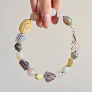 Bohemian naszyjnik kolia unikat kwarc różowy, agat botswana, agat szary, agat żółty, opal żółty i hematyt