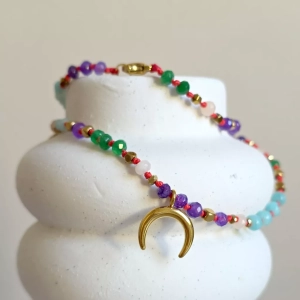 Naszyjnik supełkowany unikat agat, amazonit i hematyt na czerwonym sznurku / zawieszka lunula