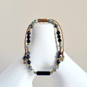 Bransoletka onyks czarny, orle oko, obsydian śnieżny, czarny turmalin i hematyt na brązowym sznurku Fullness of inner guardian