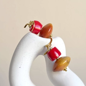 Kolczyki wiszące unikaty koral i hematyt złota stal chirurgiczna