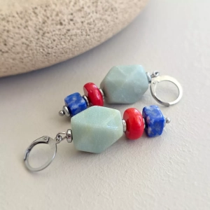Kolczyki wiszące unikaty amazonit, koral, lapis lazuli i hematyt stal chirurgiczna 