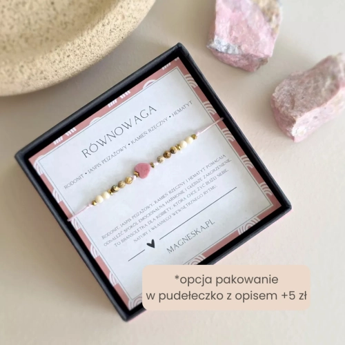Bransoletka Równowaga z rodonitem, jaspisem pejzażowym, kamieniem rzecznym i hematytem na różowym sznurku z serduszkiem, ręcznie tworzona biżuteria z kamieni naturalnych magneska.pl