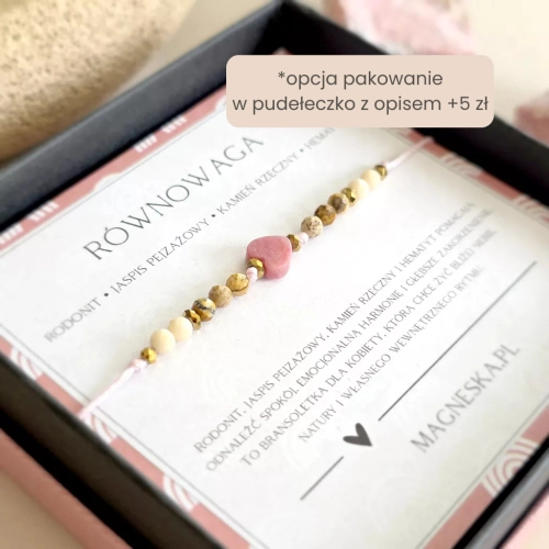 Bransoletka Równowaga z rodonitem, jaspisem pejzażowym, kamieniem rzecznym i hematytem na różowym sznurku z serduszkiem, ręcznie tworzona biżuteria z kamieni naturalnych magneska.pl