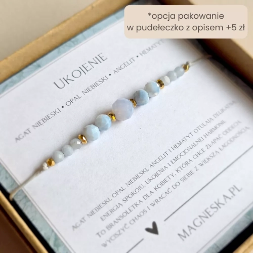 Bransoletka z agatu niebieskiego, opalu niebieskiego, angelitu i hematytu na szarym sznurku, ręcznie tworzona biżuteria z kamieni naturalnych dostępna w sklepie magneska.pl.