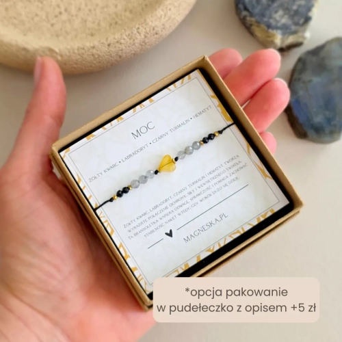 Bransoletka z kwarcem lemon w kształcie serduszka, labradorytem, czarnym turmalinem i hematytem na czarnym sznurku, ręcznie tworzona biżuteria z kamieni naturalnych w sklepie magneska.pl