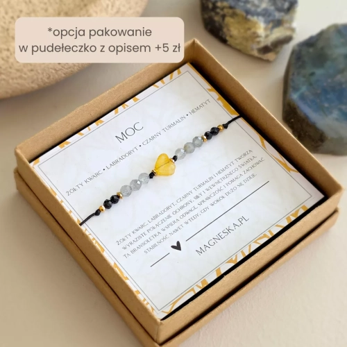 Bransoletka z kwarcem lemon w kształcie serduszka, labradorytem, czarnym turmalinem i hematytem na czarnym sznurku, ręcznie tworzona biżuteria z kamieni naturalnych w sklepie magneska.pl