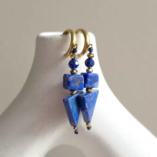 Kolczyki wiszące unikaty lapis lazuli, hematyt i złota stal chirurgiczna Magneska