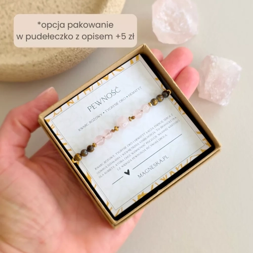 Bransoletka z kwarcem różowym, tygrysim okiem i hematytem na brązowym sznurku, ręcznie tworzona biżuteria z kamieni naturalnych dostępna w sklepie magneska.pl.