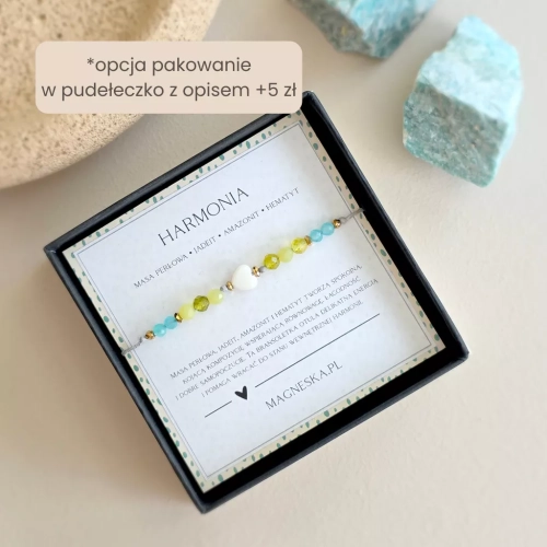 Bransoletka z masą perłową w kształcie serduszka, jadeitem, amazonitem i hematytem na regulowanym sznurku, ręcznie tworzona biżuteria magneska.pl