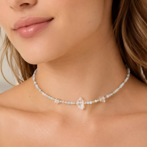 Naszyjnik choker z kryształem górskim, akwamarynem, fluorytem, labradorytem, kamieniem księżycowym, jadeitem, agatem, kamieniem słonecznym, kwarcem różowym i hematytem – ręcznie tworzona biżuteria magneska.pl