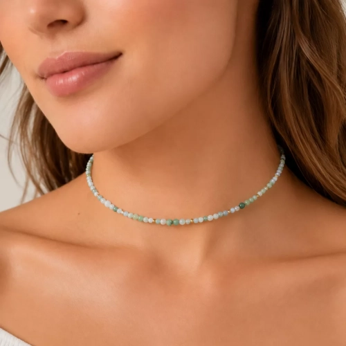 Naszyjnik choker z awenturynu, jadeitu, agatu, frenitu, fluorytu, zoisytu, kamienia księżycowego i hematytu, ręcznie tworzona biżuteria z kamieni naturalnych od magneska.pl