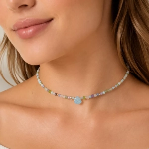 Naszyjnik choker unikat akwamaryn, peridot, agat, ametyst, jadeit, opal niebieski, kwarc różowy, kamień księżycowy i hematyt