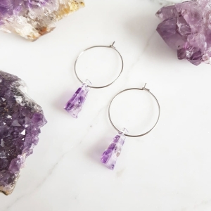 Kolczyki wiszące ametyst trapez na srebrnych kółeczkach stal chirurgiczna Sparkles amethyst