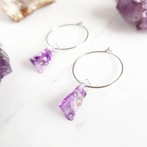 Kolczyki wiszące ametyst trapez na srebrnych kółeczkach stal chirurgiczna Sparkles amethyst