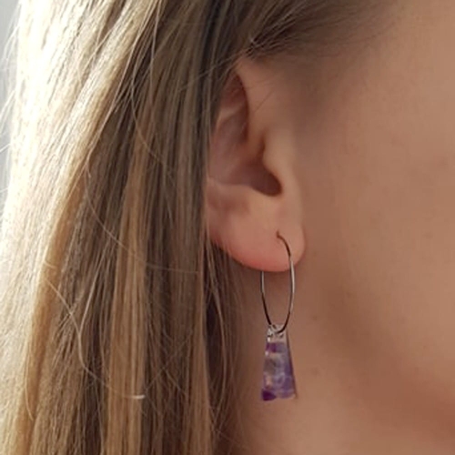 Kolczyki wiszące ametyst trapez na srebrnych kółeczkach stal chirurgiczna Sparkles amethyst