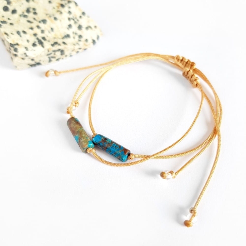 Bransoletka niebieski jaspis patyczek na karmelowym sznurku Autumn stick