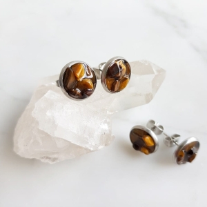 Kolczyki sztyfty tygrysie oko w żywicy stal chirurgiczna Sparkles brown