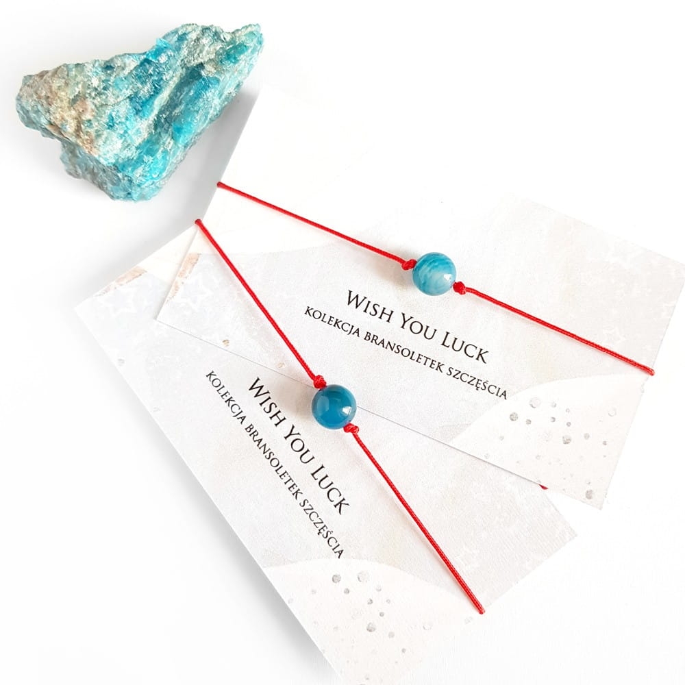 WishYouLuck niebieski agat pasiasty bransoletka szczęścia na czerwonym sznurku