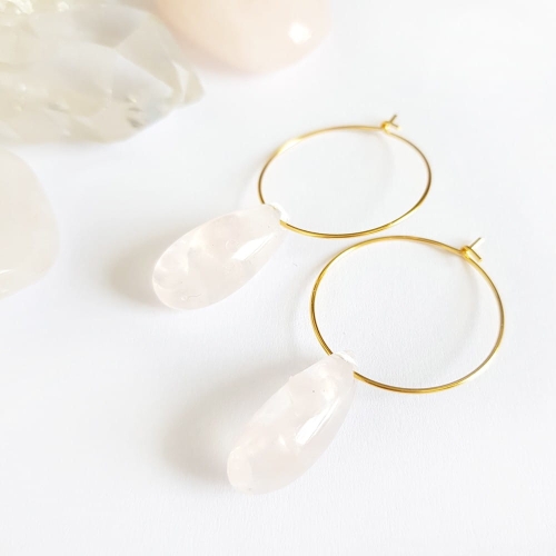 Kolczyki wiszące kwarc różowy łezka na złotych kółeczkach stal chirurgiczna Sparkles rosequartz