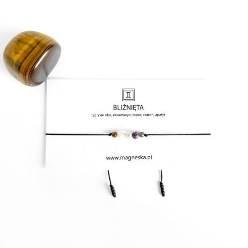 Bransoletka tygrysie oko, akwamaryn, topaz, czaroit i apatyt Zodiac Bliźnięta