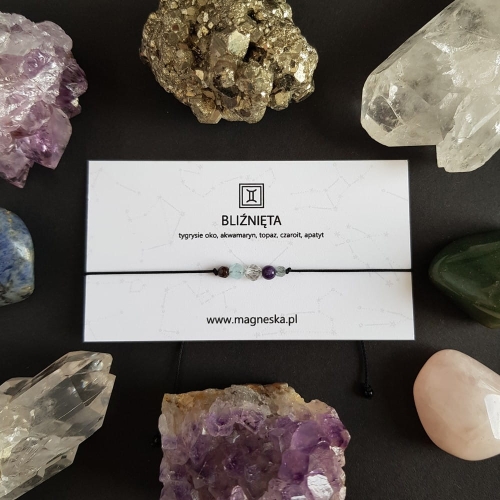 Bransoletka tygrysie oko, akwamaryn, topaz, czaroit i apatyt Zodiac Bliźnięta