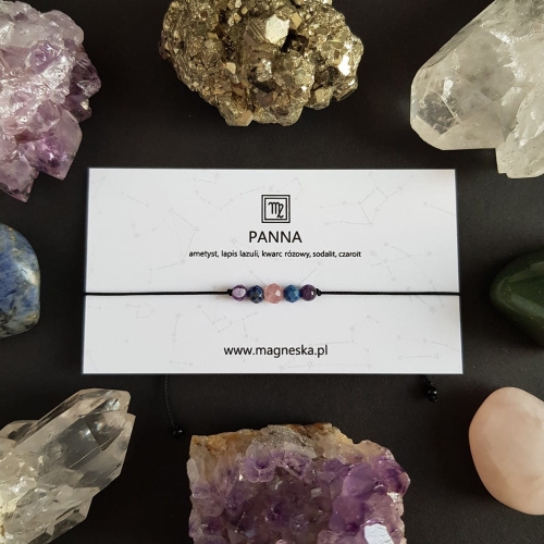 Bransoletka ametyst, lapis lazuli, kwarc różowy, sodalit i czaroit Zodiac Panna