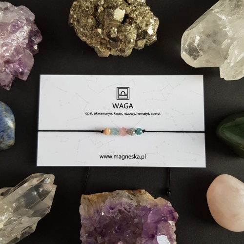 Bransoletka opal, akwamaryn, kwarc różowy, hematyt i apatyt Zodiac Waga