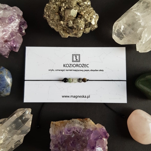 Bransoletka onyks, szmaragd, kamień księżycowy, jaspis i obsydian Zodiac Koziorożec