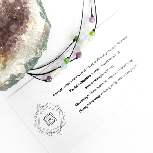 Bransoletka ametyst, kamień księżycowy, kwarc różowy, akwamaryn i diopsyd Zodiac Ryby