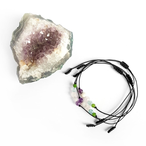 Bransoletka ametyst, kamień księżycowy, kwarc różowy, akwamaryn i diopsyd Zodiac Ryby