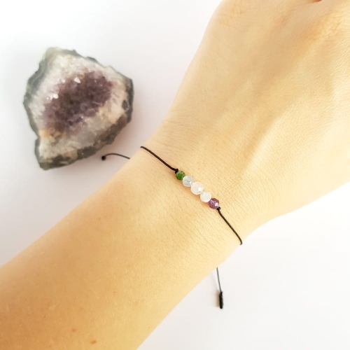 Bransoletka ametyst, kamień księżycowy, kwarc różowy, akwamaryn i diopsyd Zodiac Ryby