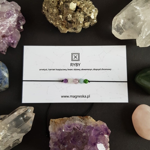 Bransoletka ametyst, kamień księżycowy, kwarc różowy, akwamaryn i diopsyd Zodiac Ryby